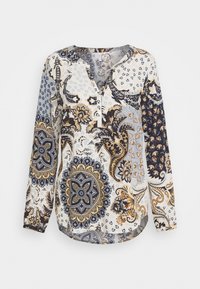 Blusa a maniche lunghe con stampa mandala e paisley nei colori blu navy, oro e crema. Chiusura con bottoni e orlo arrotondato. Tessuto morbido.