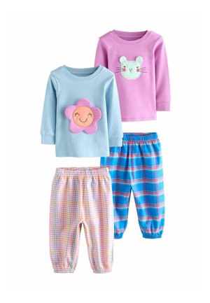 Two long-sleeve shirts: light blue with a flower patch, pink with a cat design, paired with pastel checkered and blue plaid pants.