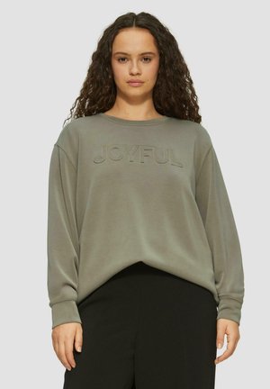 Light olive green sweatshirt with “JOYFUL” embossed text. Features a relaxed fit, crew neckline, and long sleeves. Soft material with a smooth texture.