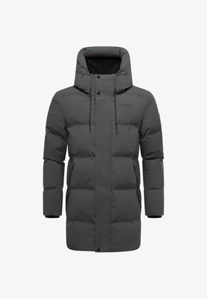 Halli, polsterdatud parka kõrge kaelusega, reguleeritavate tõmblukkudega, nööpidega ja küljetaskutega; omab siledat kangast pinna struktuuri.