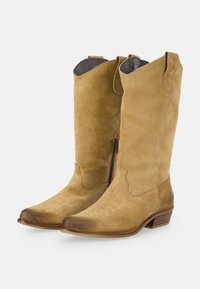 Stivali cowboy in suede al ginocchio di colore cammello, con punta leggermente appuntita e suola marrone. Presentano una zip e cuciture decorative sul fusto.