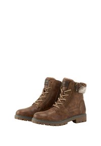 Braune Lederstiefel mit strukturiertem Finish, Schnürung an der Vorderseite und einem mit Fell gefütterten Kragen. Mit seitlichem Reißverschluss und robustem Gummisohle für besseren Halt.
