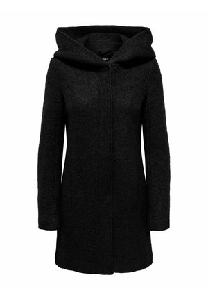 Manteau femme noir texturé laine, longueur genou, manches longues et grande capuche, fermeture devant dissimulée par un panneau en tissu.