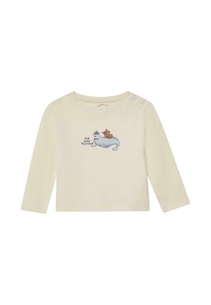 Crèmekleurig babyshirt met lange mouwen met een glimlachende zeehond die een hoed draagt en een bruine berenwelp, met de tekst "VOOR ALTIJD SAMEN."
