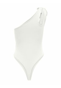 Costume da bagno intero bianco con design a spalla unica, caratterizzato da un accento annodato e un taglio, realizzato in un materiale liscio e elastico.