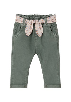 Green toddler pants with rolled cuffs and elastic waistband, featuring a beige fabric belt with blue and orange floral print tied at the front.