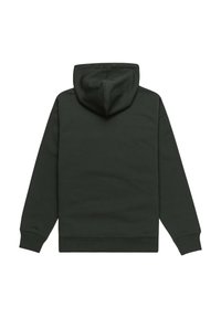 Sweat à capuche vert foncé avec une poche avant, des poignets et un ourlet côtelés, et un capuchon avec cordon de serrage. Fabriqué à partir d'un matériau doux et texturé.