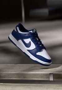 Nike Dunk sneakers featuring a blue leather upper and white toe box with perforations, navy laces, and a rubber outsole with a textured pattern.