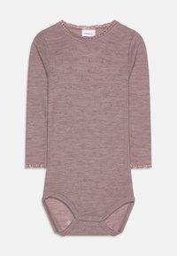 Dlouhý rukáv mauve body z texturované látky s jemným krajkovým lemem na výstřihu a rukávech, s patentním zapínáním ve spodní části.