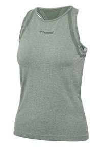 Green athletic tank top with a round neckline and mesh accents, made from lightweight fabric. Features a small logo on the chest.