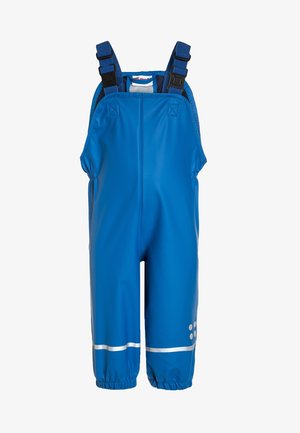 Combinaison imperméable bleue pour enfants avec bretelles ajustables et bandes réfléchissantes près des ourlets des jambes.