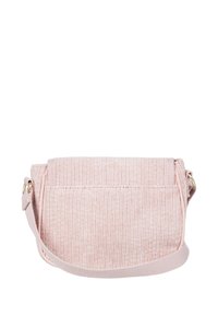 Růžová manšestrová kabelka přes rameno s texturovaným povrchem, obdélníkovým tvarem, klopou na zavírání a nastavitelným popruhem. Má zlaté kovové detaily.