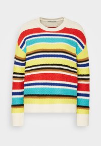 Puuvillane sviiter ümmarguse kaelusega, millel on horisontaalsed triibud punases, sinises, kollases, rohelises ja mustas. Tekstureeritud kudumine ribide küljega.