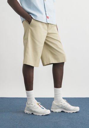 Mees, kes kannab beežikaid põlvpükse, helehalli särki, valgeid keskkõrgeid sokke ja valgeid spordijalatseid, seisab sinisel vaibal.