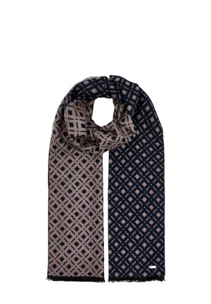 Long rectangular scarf with geometric diamond pattern, one side beige with black design, the other black with beige design, softly folded in the center.