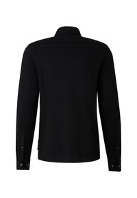 Schwarzes Langarmhemd mit Kragen, ausgestatteten Ärmeln und geradem Saum. Glatter Stoff ohne sichtbare Muster oder Akzente.