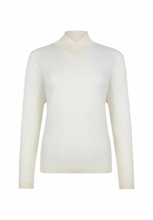 Vit långärmad tröja i mjukt stickat material. Har en unik crossover-krage och ribbade ärmslut med en slät textur.