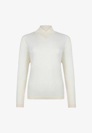 Vit långärmad tröja i mjukt stickat material. Har en unik crossover-krage och ribbade ärmslut med en slät textur.