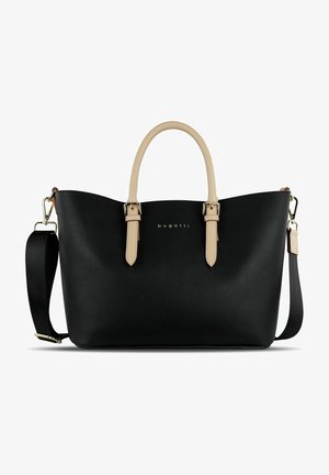 Black leather tote bag with a textured finish, beige handles and straps, gold logo detail, and adjustable shoulder strap.