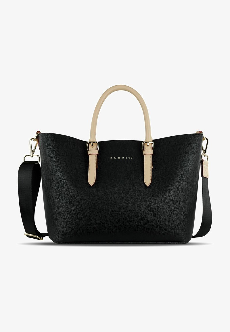 Schwarze Leder-Totetasche mit strukturiertem Finish, beigen Griffen und Riemen, goldfarbenem Logo-Detail und verstellbarem Schultergurt.