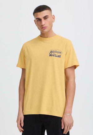 Jonge man in een geel T-shirt met de tekst "Mountains Nowhere", staande tegen een effen lichte achtergrond, dragen zwarte broek.