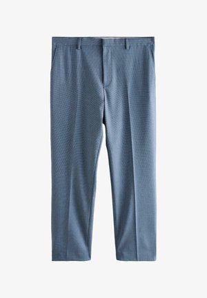 Herrenhose mit geradem Bein, blau, mit Gürtelschlaufen und Seitentaschen, mit dezentem Karo-Muster und Bügelfalte vorne.