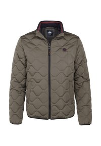 Gevoerde jas in olivegroen met een ruitpatroon, een voorkant met rits en een contrasterende marineblauwe kraag. Bevat een embleem op de borst.