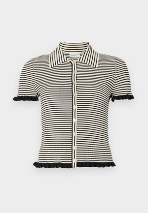 Cárdigan de punto de manga corta a rayas en negro y crema. Presenta un cuello de pico, cierre de botones y un acabado de volante en las mangas.