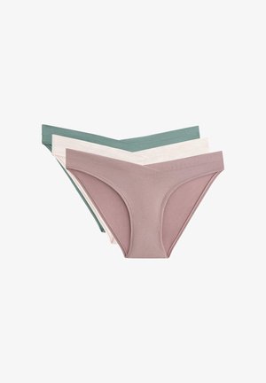 Three pairs of women's panties in lavender, light green, and off-white. Made from soft fabric with a simple, seamless design and elastic waistbands.