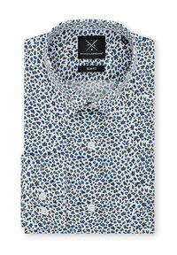 Slim-fit, koszula na guziki w kolorze białym z niebieskim i brązowym wzorem kwiatowym. Bawełnowy materiał, klasyczny kołnierzyk oraz pojedyncza kieszeń na piersiach.