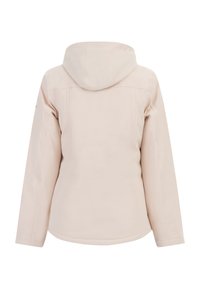 Chaqueta con capucha de color rosa claro y textura suave, con un dobladillo curvo y costuras cosidas; la vista trasera no muestra cierres ni bolsillos visibles.