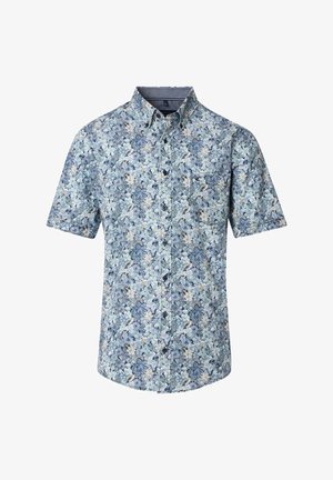 Kurzarmliges Hemd mit Knopfleiste, das ein florales Muster in Blau, Weiß und Beige aufweist. Es besteht aus leichtem Stoff und hat einen Kragen sowie eine Brusttasche.