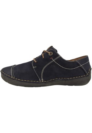Navy blue leather shoe with white stitching, round toe, beige laces, and rubber outsole. Minimalist design with no visible patterns or accents.