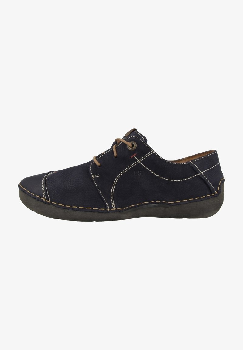 Scarpa in pelle blu navy con cuciture bianche, punta rotonda, lacci beige e suola in gomma. Design minimalista senza motivi o accenti visibili.