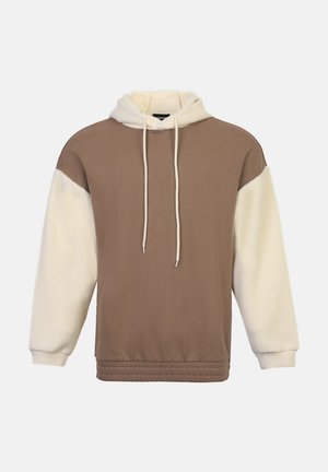 Brown and cream hooded sweatshirt with long sleeves, fleece-lined arms, adjustable drawstrings, and a ribbed hem. Soft texture, casual design.