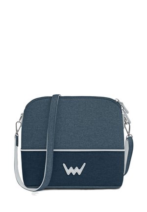 Dark blue crossbody bag made of textured fabric, featuring a white stripe and logo, metallic hardware, and an adjustable strap.