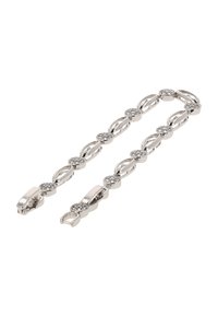 Stříbrný náramek z řetízku s oválnými články a kulatými krystalovými akcenty, leštěný povrch a bezpečný uzamykací mechanismus.