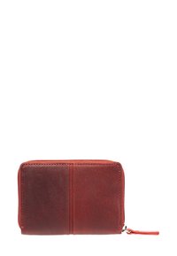 Red leather wallet with a smooth texture, zip closure, two card slots, and contrasting darker red sections. Compact rectangular shape.