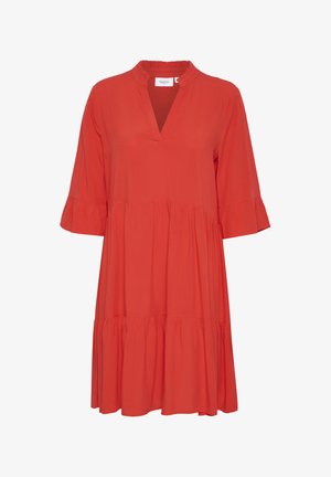Červené šaty do kolen s výstřihem do V, rozšířenými rukávy a volánkovým lemem ve vrstvách. Vyrobené z lehkého materiálu s hladkou texturou.