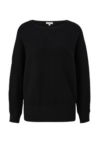 Schwarzer, gerippter Strickpullover mit weitem Rundhalsausschnitt, überschnittenen Schultern und lockerer Passform. Die Textur ist weich mit einem dezenten vertikalen Muster.