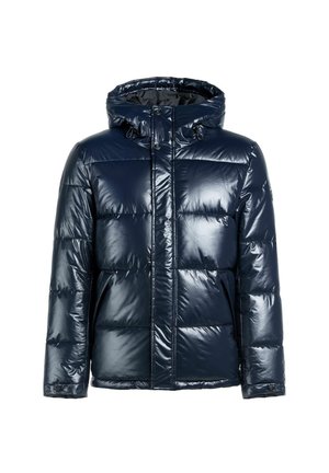 Granatowa, błyszcząca kurtka puchowa z kapturem, z pikowanymi sekcjami, z suwakiem oraz bocznymi kieszeniami.
