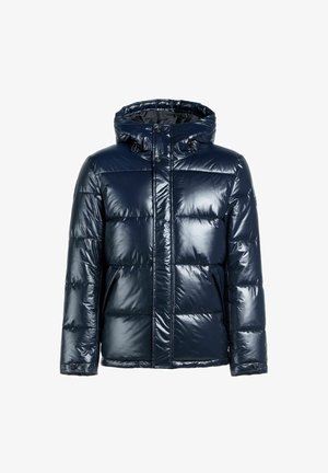 Granatowa, błyszcząca kurtka puchowa z kapturem, z pikowanymi sekcjami, z suwakiem oraz bocznymi kieszeniami.