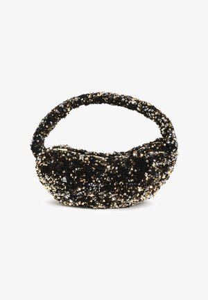 Schwarze und goldene Pailletten-Handtasche mit runder Form, kurzem Griff und strukturierter Oberfläche. Verfügt über schimmernde Akzente an verschiedenen Stellen.