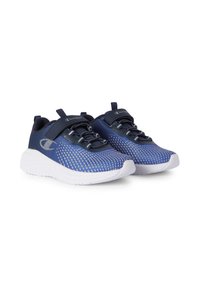 Pareja de zapatillas deportivas azules y grises con suelas blancas, cordones elásticos y una sola correa de velcro color marino en cada zapato.