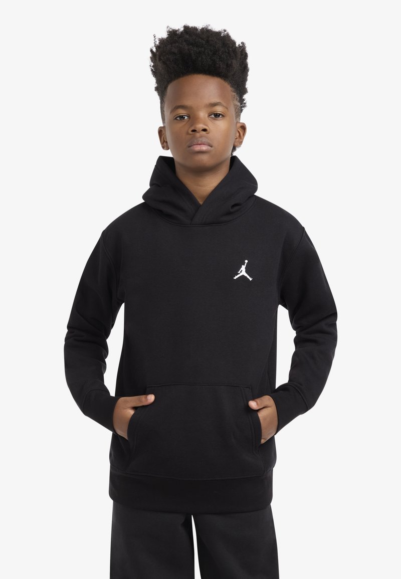 Black hoodie made of soft fabric, featuring a kangaroo pocket, ribbed cuffs, and a white Jumpman logo on the chest.