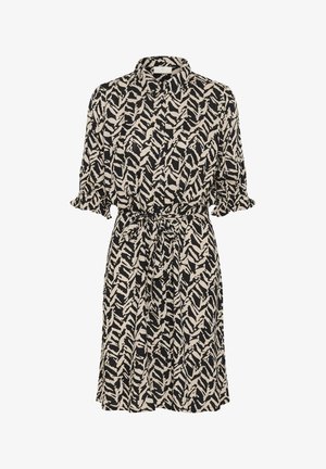 Musta-beige kauluspaita, jossa on lehtikuviota, lyhyet puffihihat, vyö vyötäröllä ja nappi-edessä.