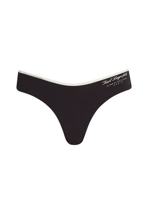 Zwarte stringonderbroek met een contrasterende witte elastische tailleband. Kenmerkt zich door een textuurstof en een bedrukte merklogo op de tailleband.