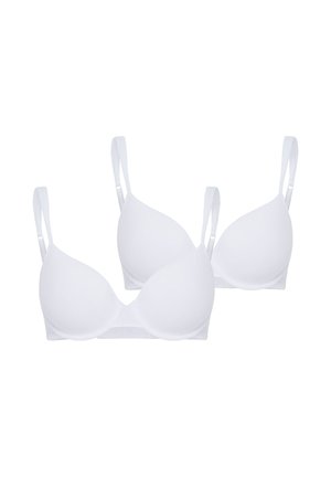 Hvid bh-sæt med to formstøbte skåle, justerbare stropper og en glat tekstur. Enkel design med en sømløs finish og uden synlige spænder.