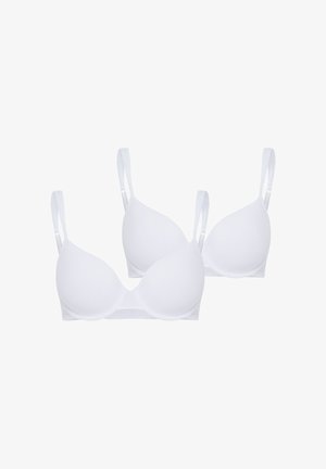 Set di reggiseno bianco con due coppe sagomate, spalline regolabili e una texture liscia. Design semplice con finitura senza cuciture e senza elementi metallici visibili.