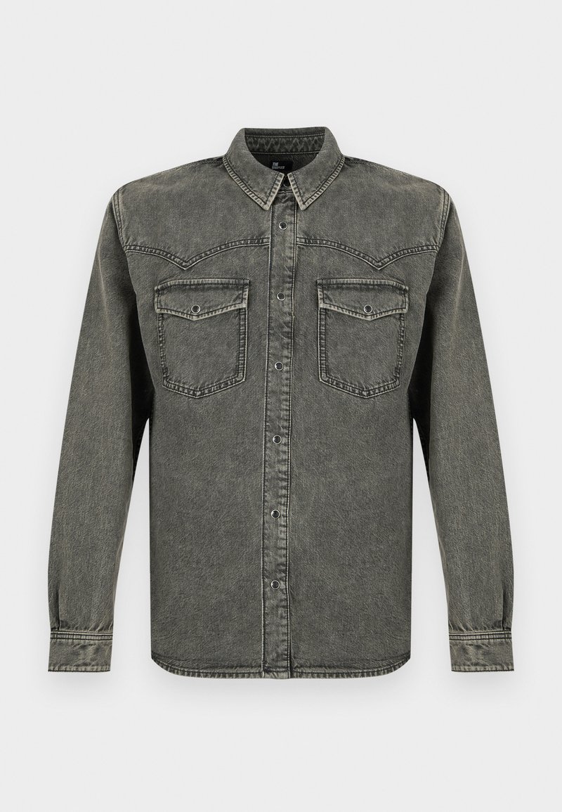 Long-sleeve black washed denim shirt with button front and flap chest pockets, displayed against a white background.